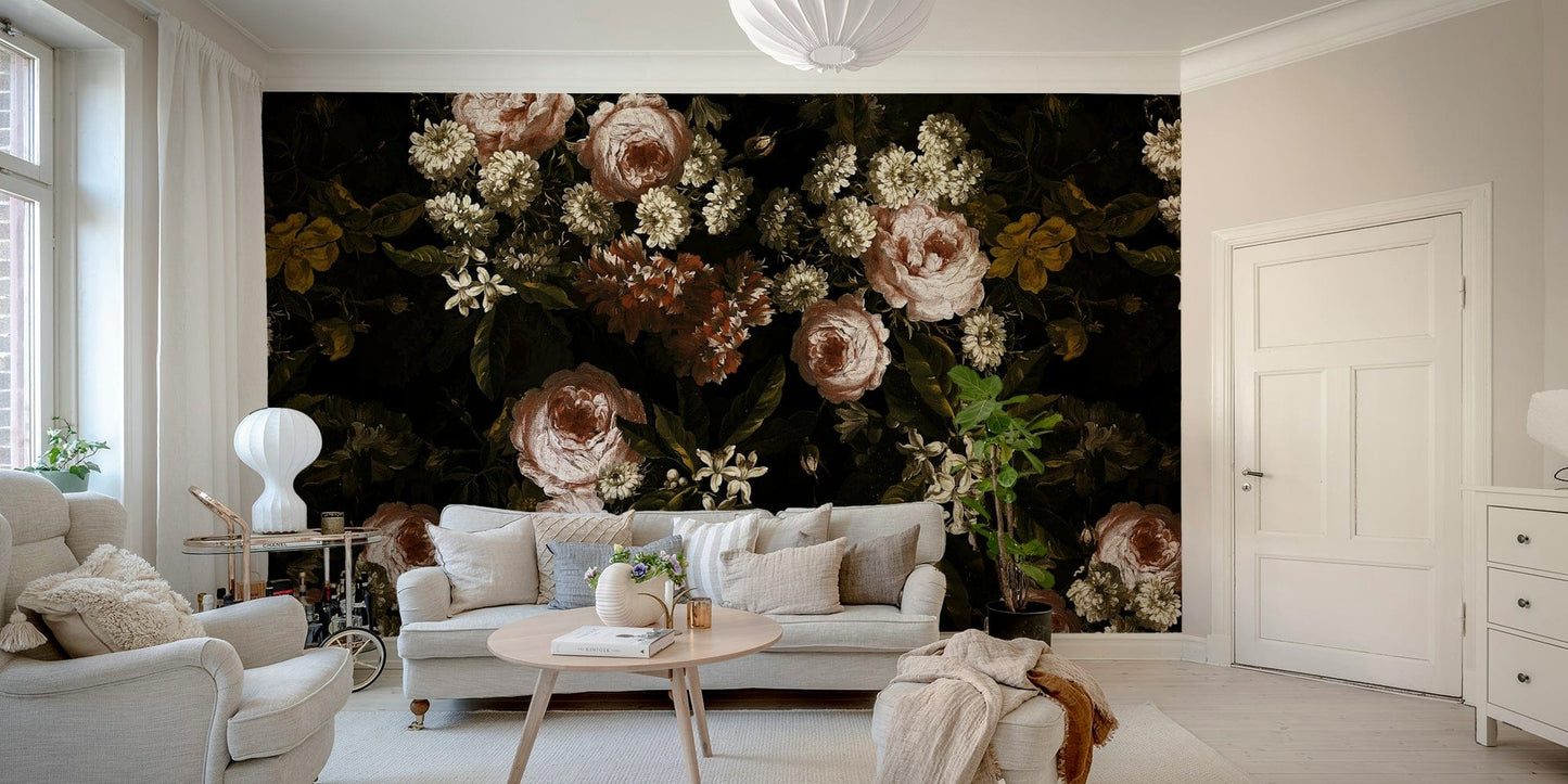 A photo of a Midnight Baroque Bloom Wall Mural with dark flowers.