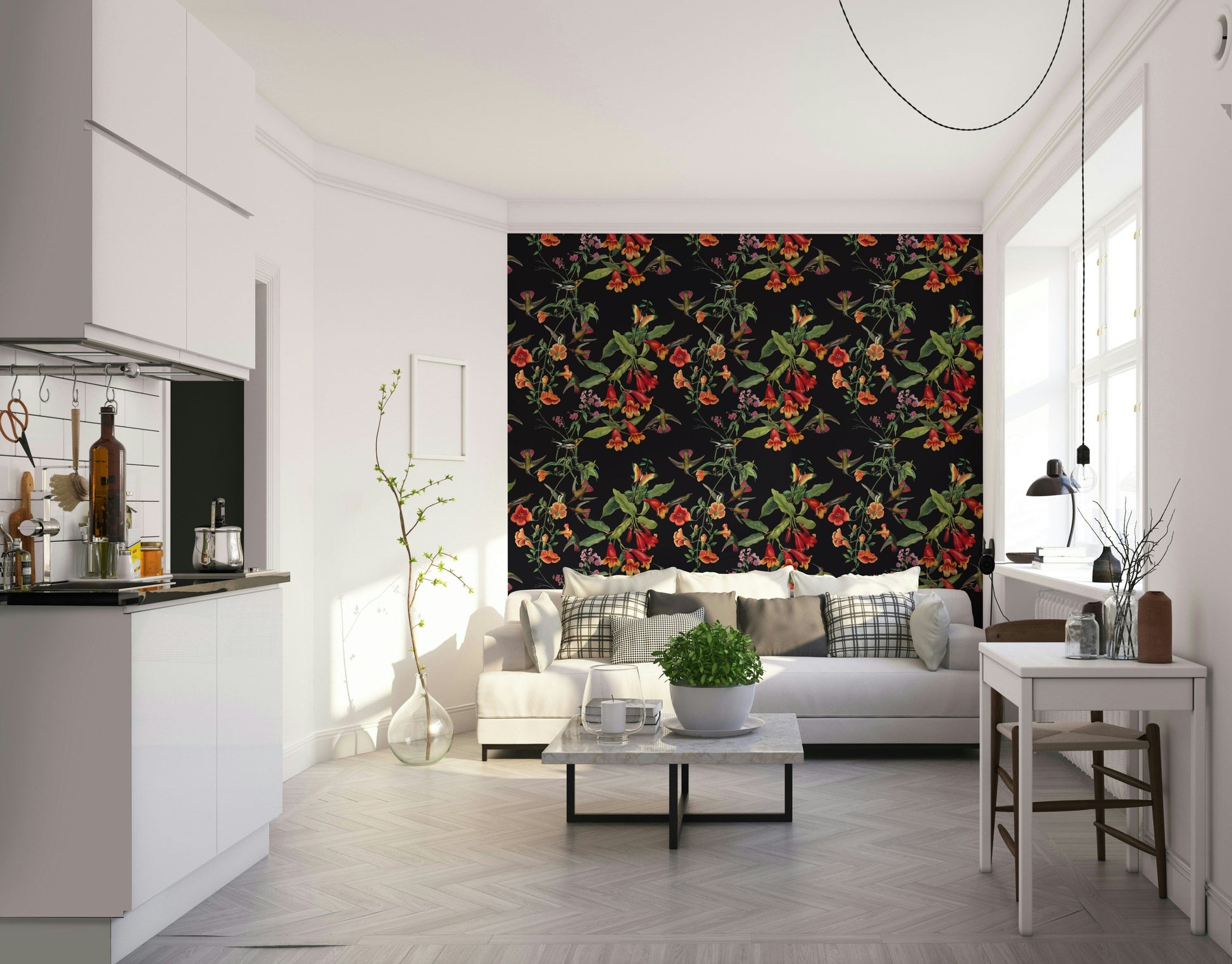 A graceful subtle flower wall mural in rich, dark tones.

