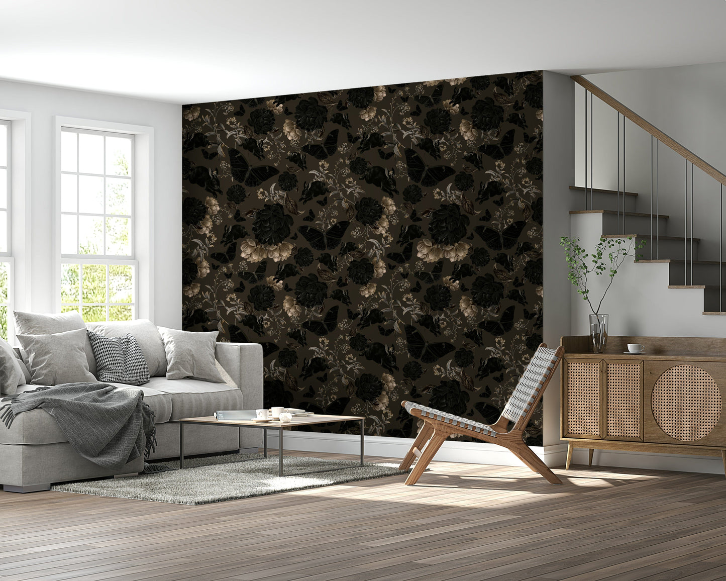 Nocturnal Garden Wallpaper Mural – Elegant dark-themed mural featuring mysterious flowers and ivy under a twilight sky.
