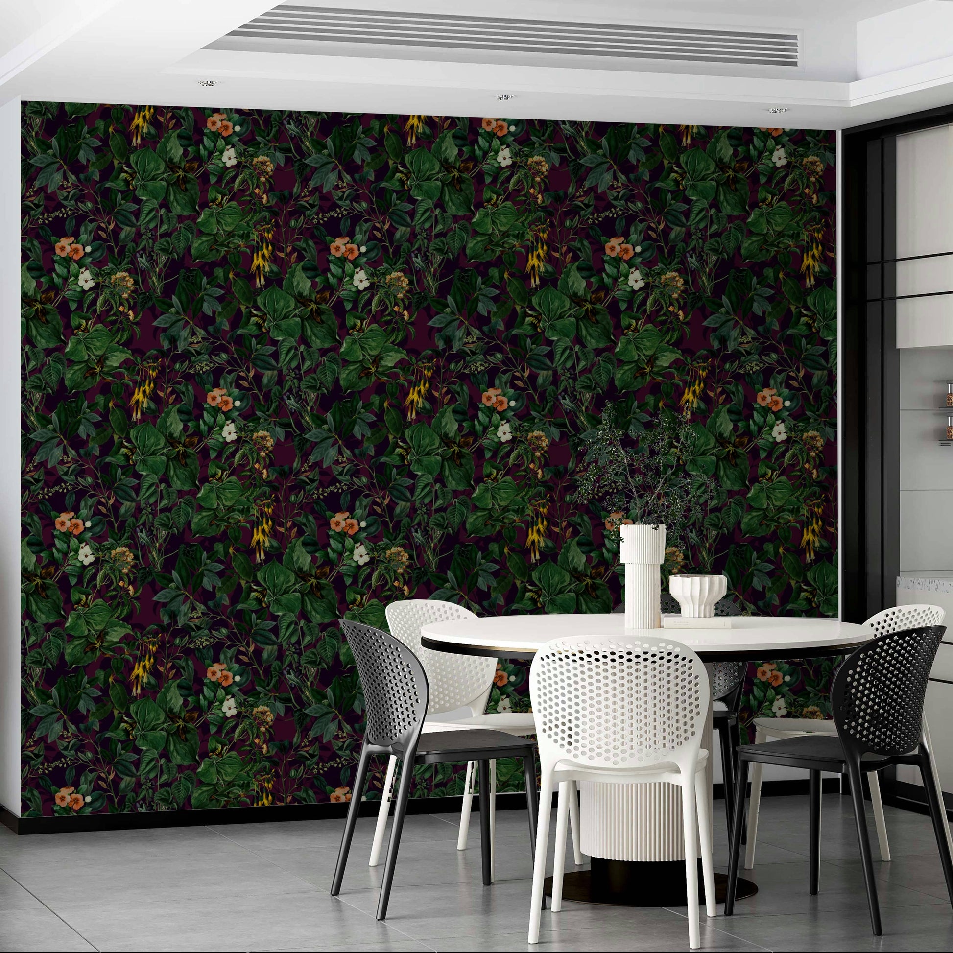 Dark Botanical Wallpaper on a bedroom wall

