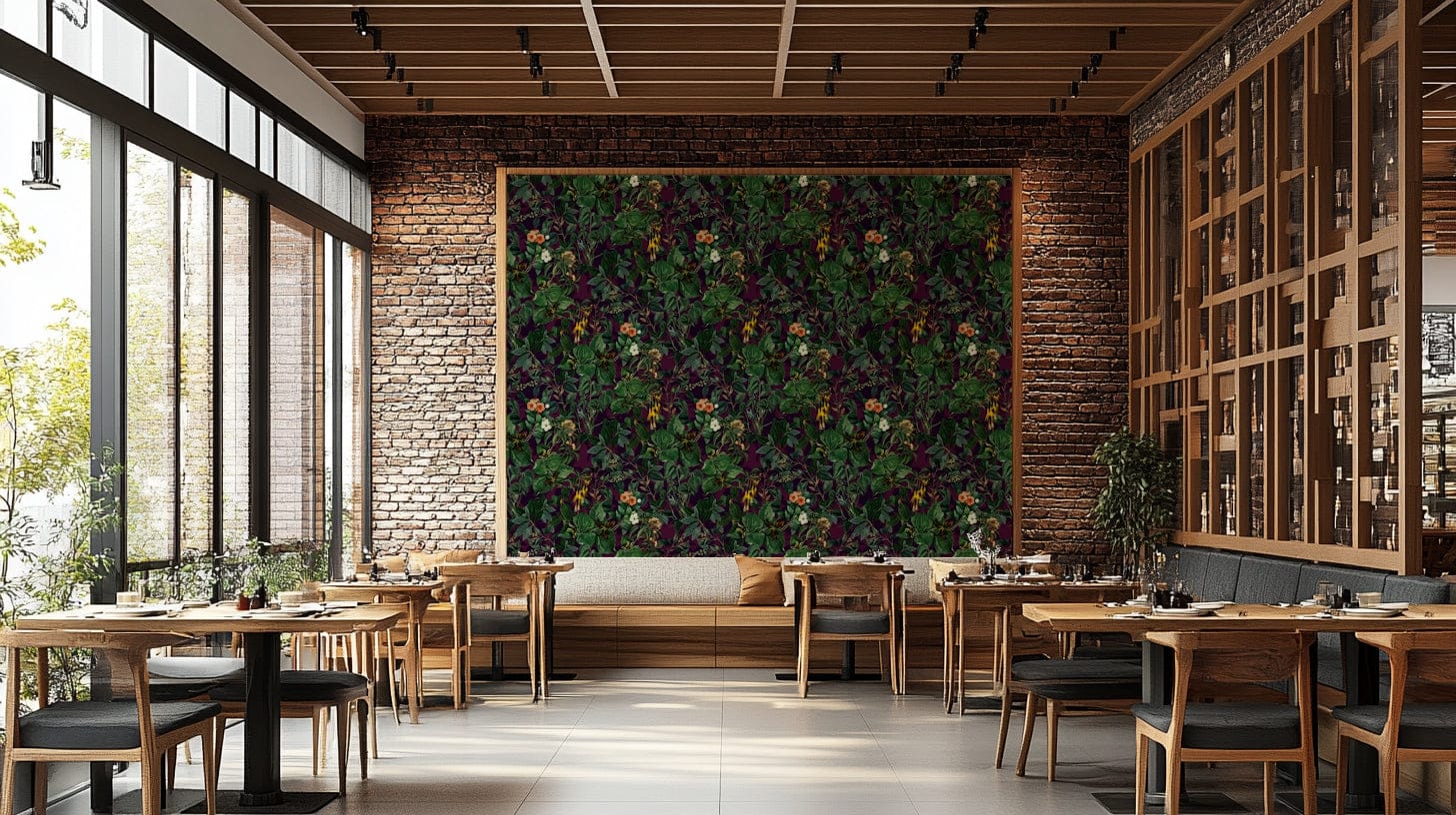 A dining room decorated with a dark botanical mural

