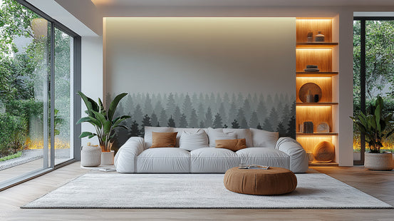Dark Foggy Forest Tree wallpaper shown as a full feature wall that highlights the design