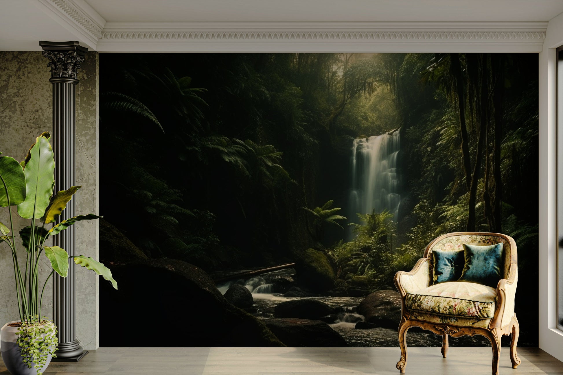 A beautiful dark forest wallpaper mural with a waterfall.

