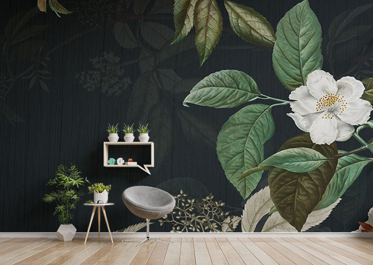 Ciemnozielona kwiatowa mural in your room — zoomed