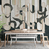 Elegant green wallpaper featuring baroque-style feathers.