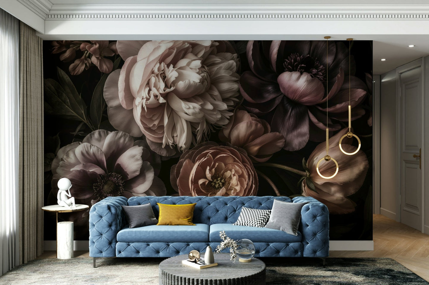 A wall mural of a dark and moody floral pattern.

