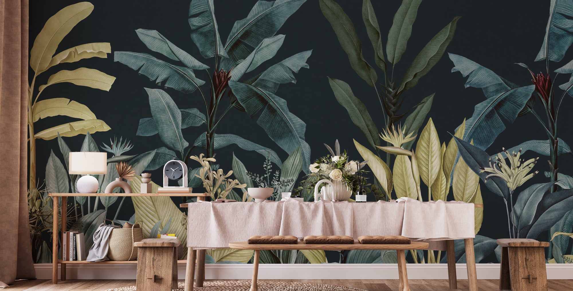 Dark Night Vintage Tropical Tree wallpaper mural shown as a full feature wall that highlights the design