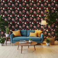 For the Home and office , dark botanical wallpaper adds structured romantic contrast