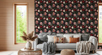Living room décor feels refined with dark floral wallpaper and soft blush blooms