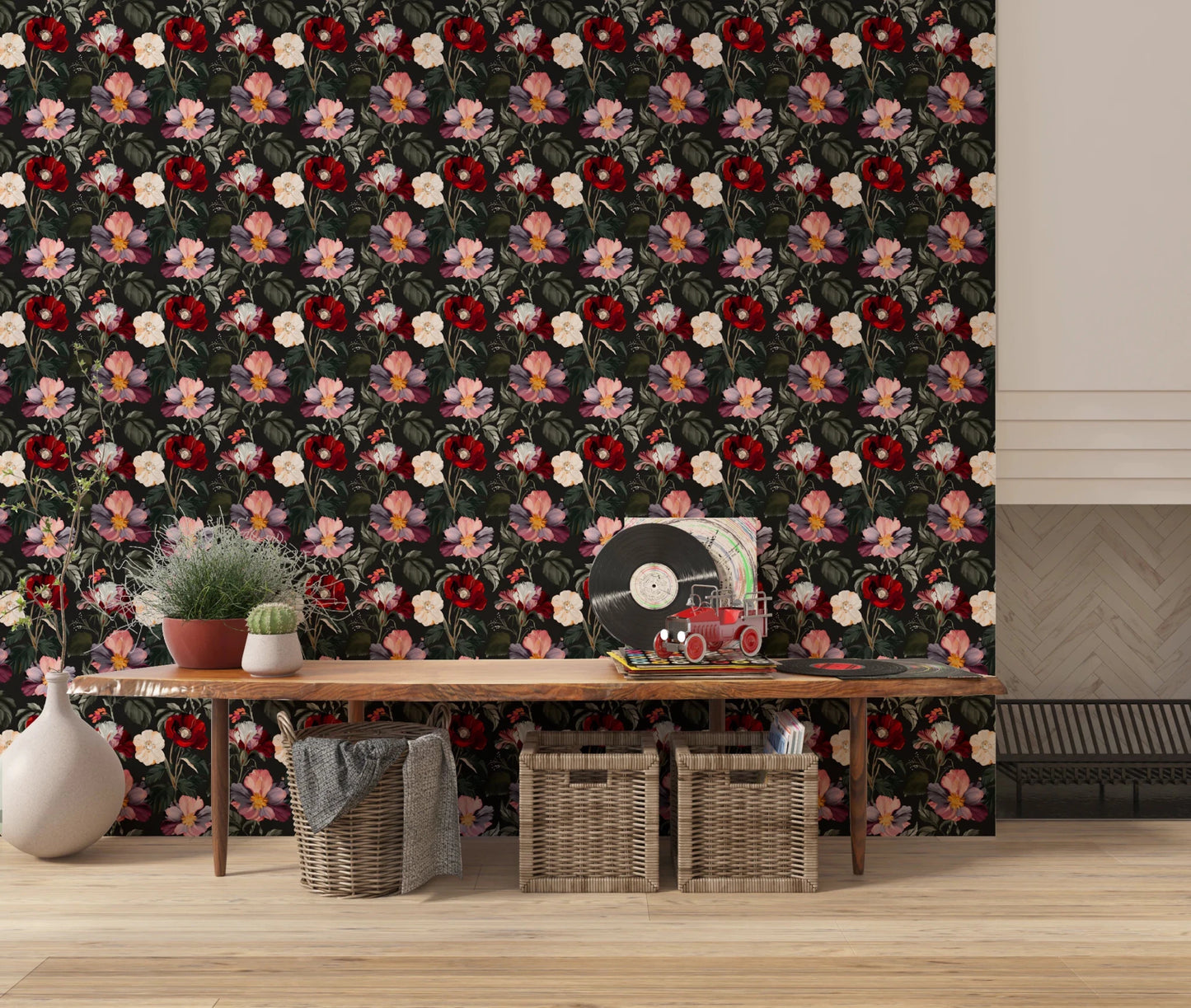 Hallway décor stands out with deep floral pattern wallpaper and vivid blooms