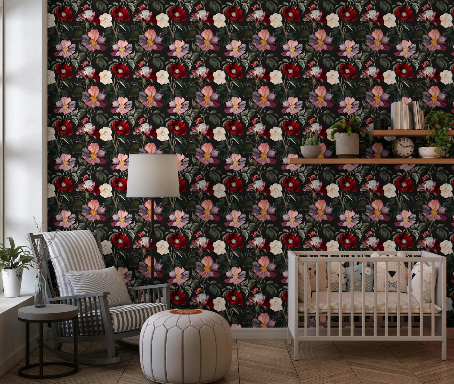 In the Nursery area, moody botanical wallpaper creates a bold visual rhythm