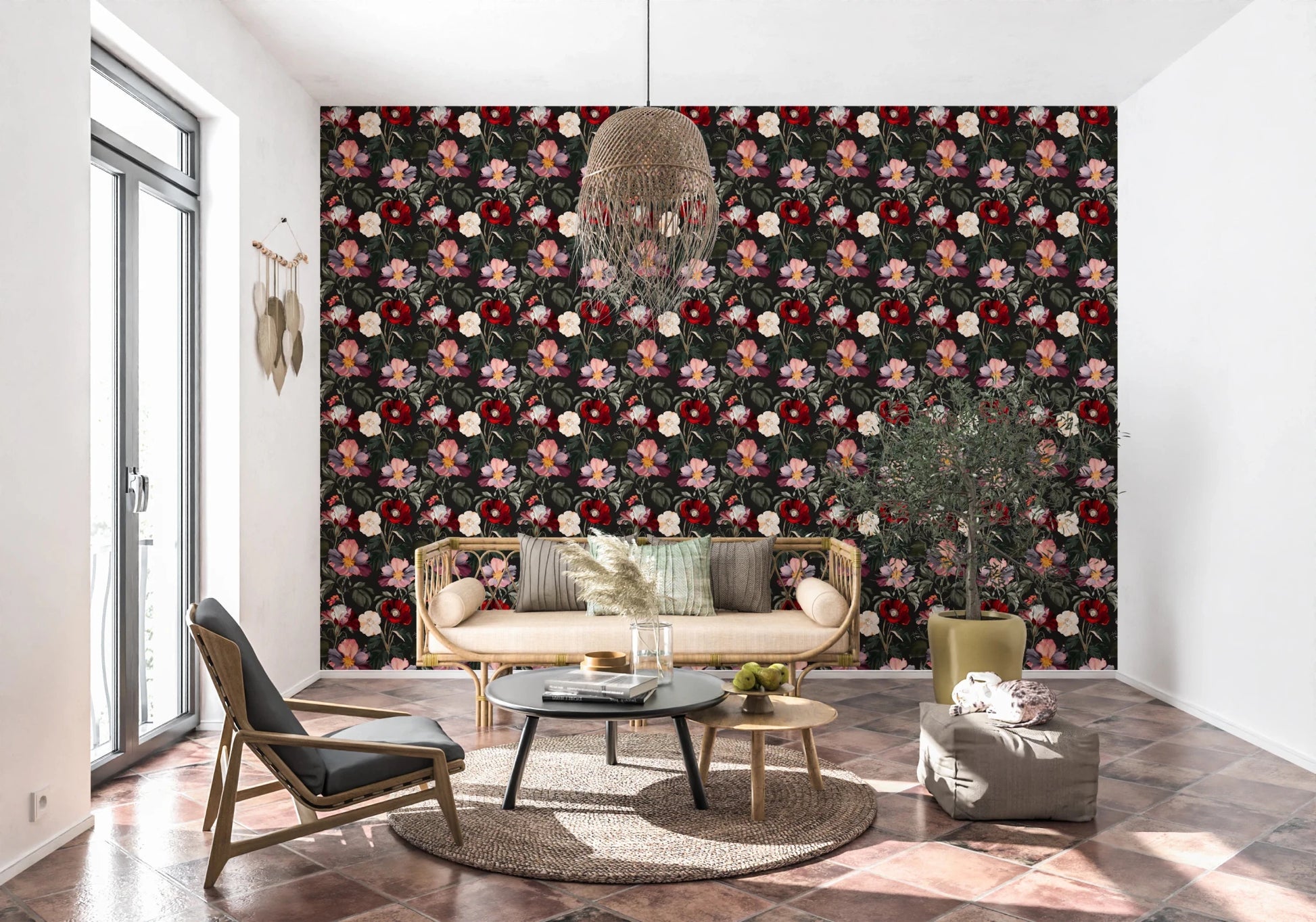 Living room styling feels elevated with romantic floral wallpaper in dark tones