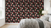 Guest room ambiance improves with romantic botanical wallpaper in deep shades