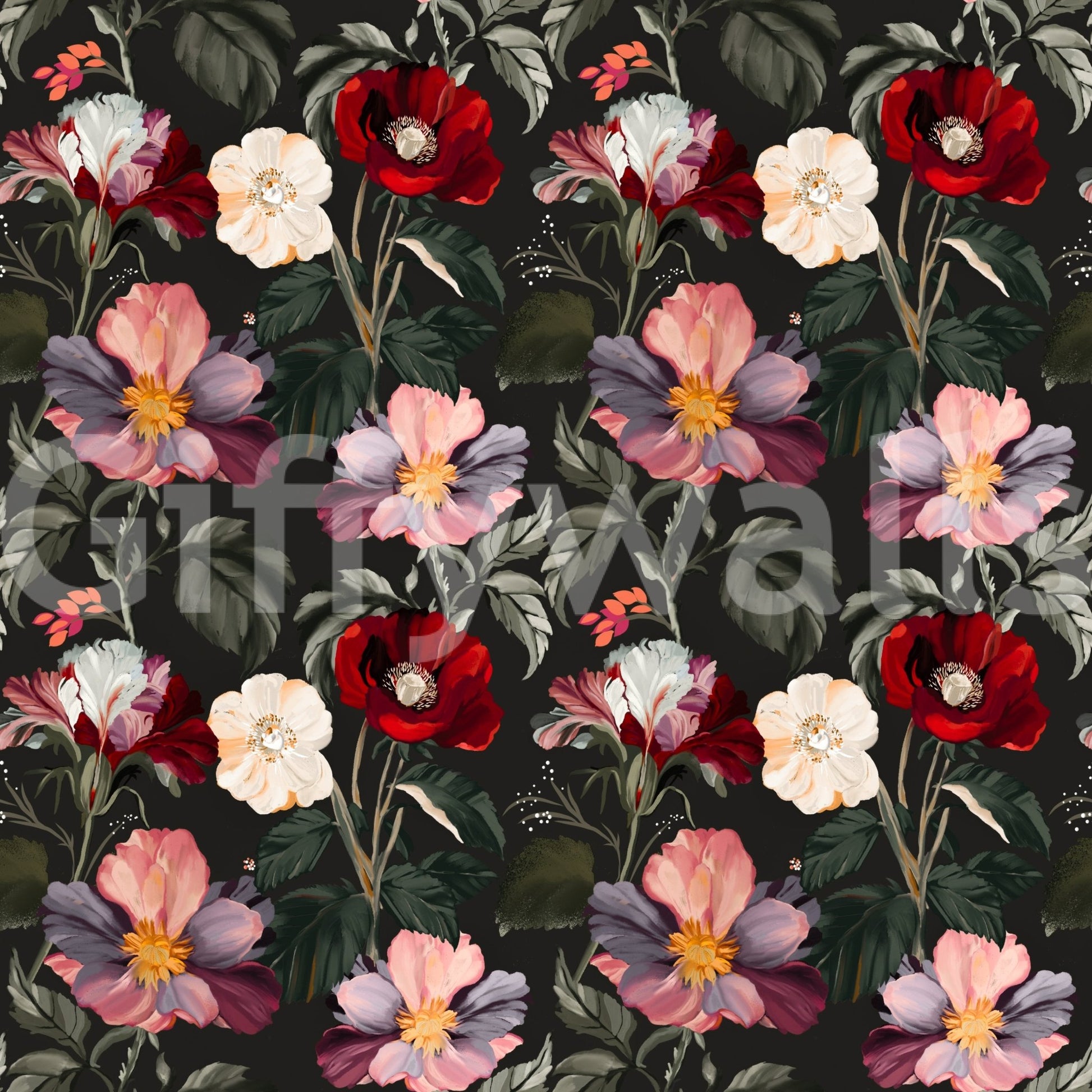 Dark romance floral pattern wallpaper with red blooms and layered botanical detail