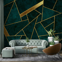 Luxurious geometric wall mural in teal and gold

