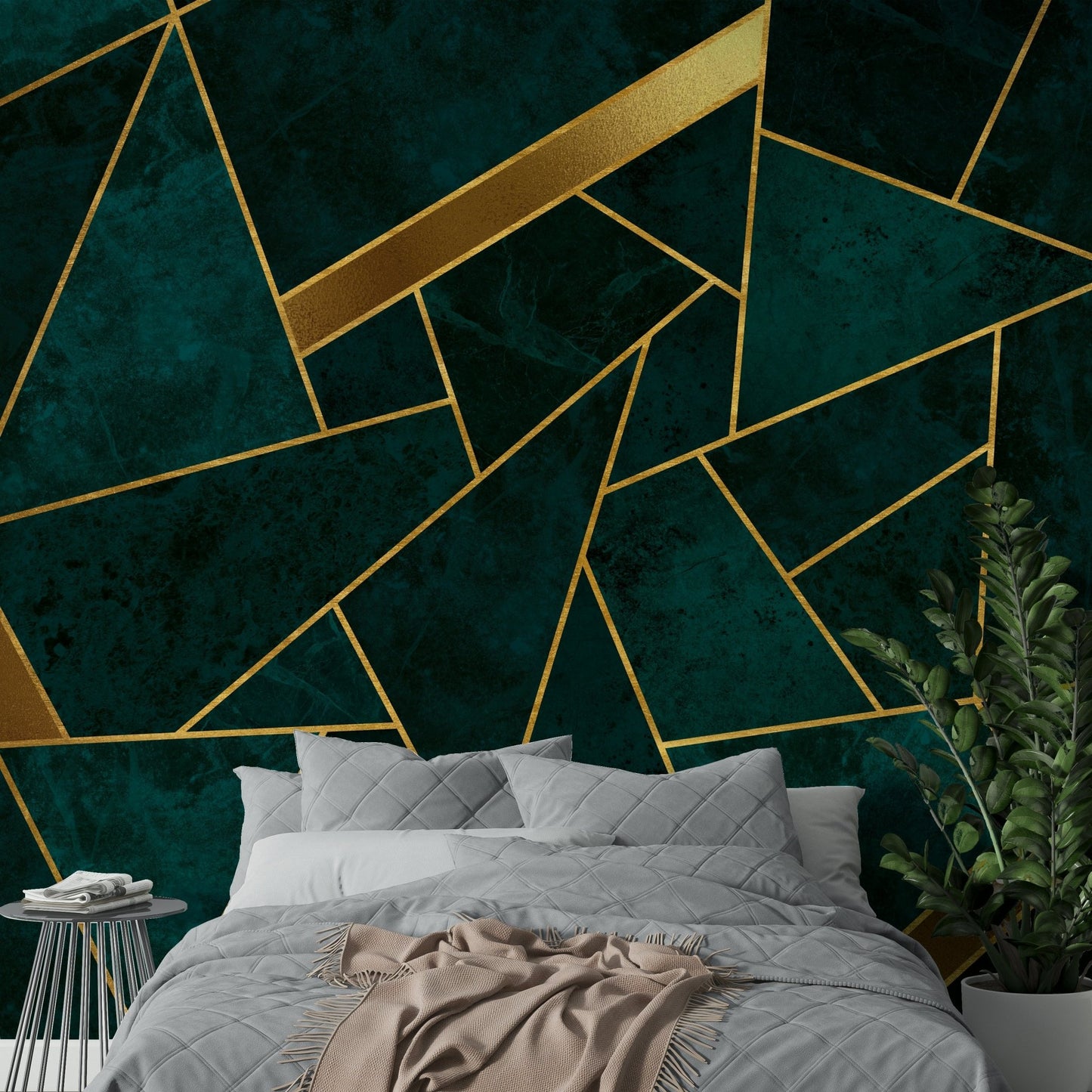 Stylish wall mural with intersecting teal and gold forms

