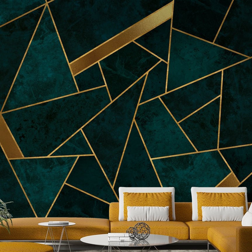 Bold gold line mural over deep teal marble texture

