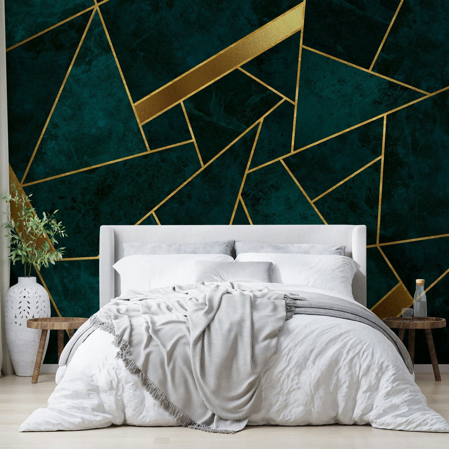 Rich teal background mural with golden geometric lines

