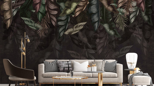 Dark Hanging Tropical Leaves Wallpaper Mural - Giffywalls