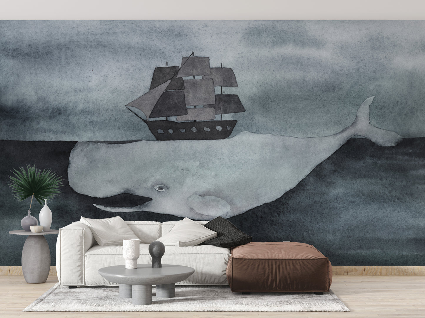 Dark Watercolor Whale design with Ship Wallpaper Murals - Giffywalls