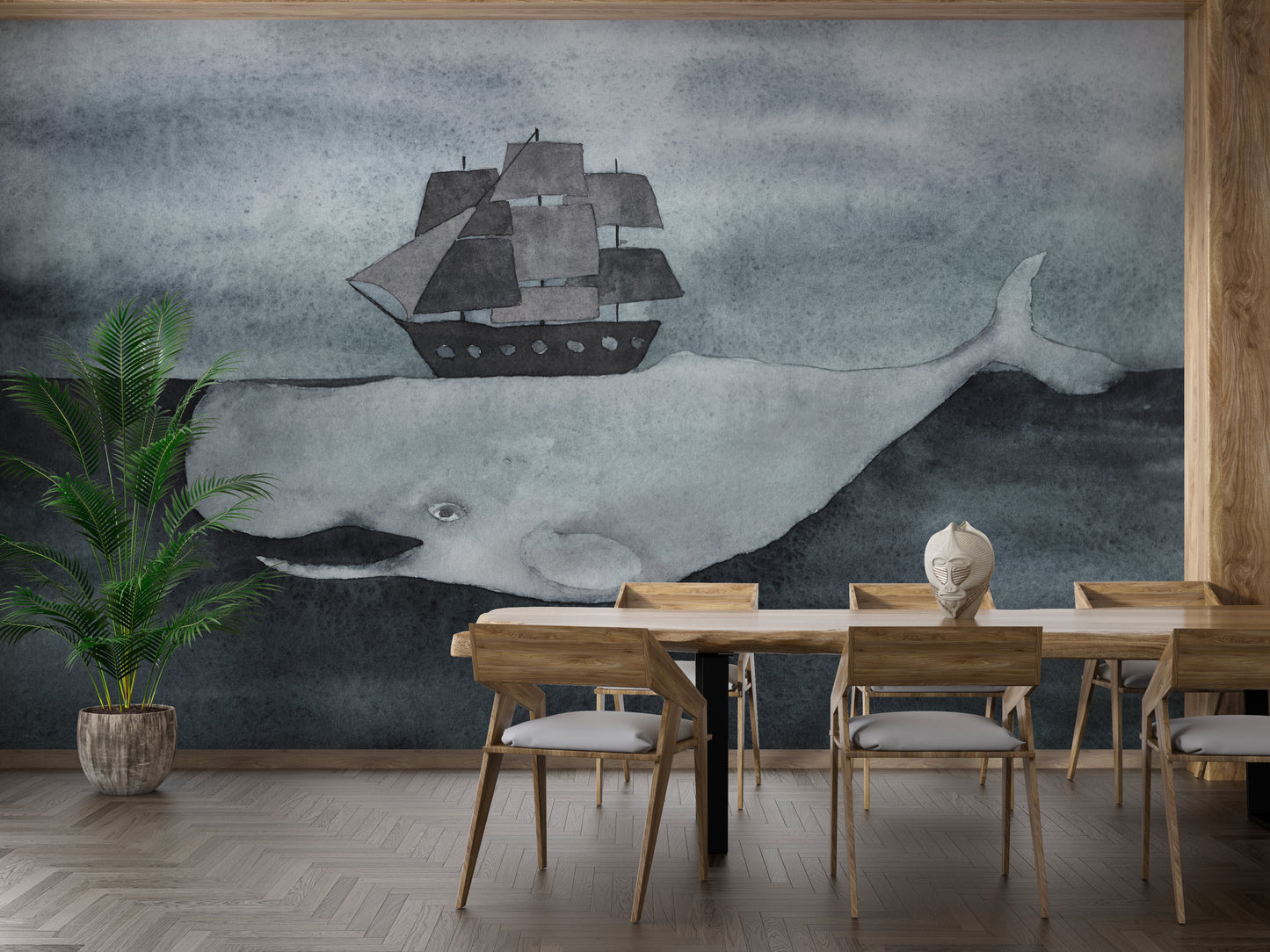 Dark Watercolor Whale design with Ship Wallpaper Murals - Giffywalls