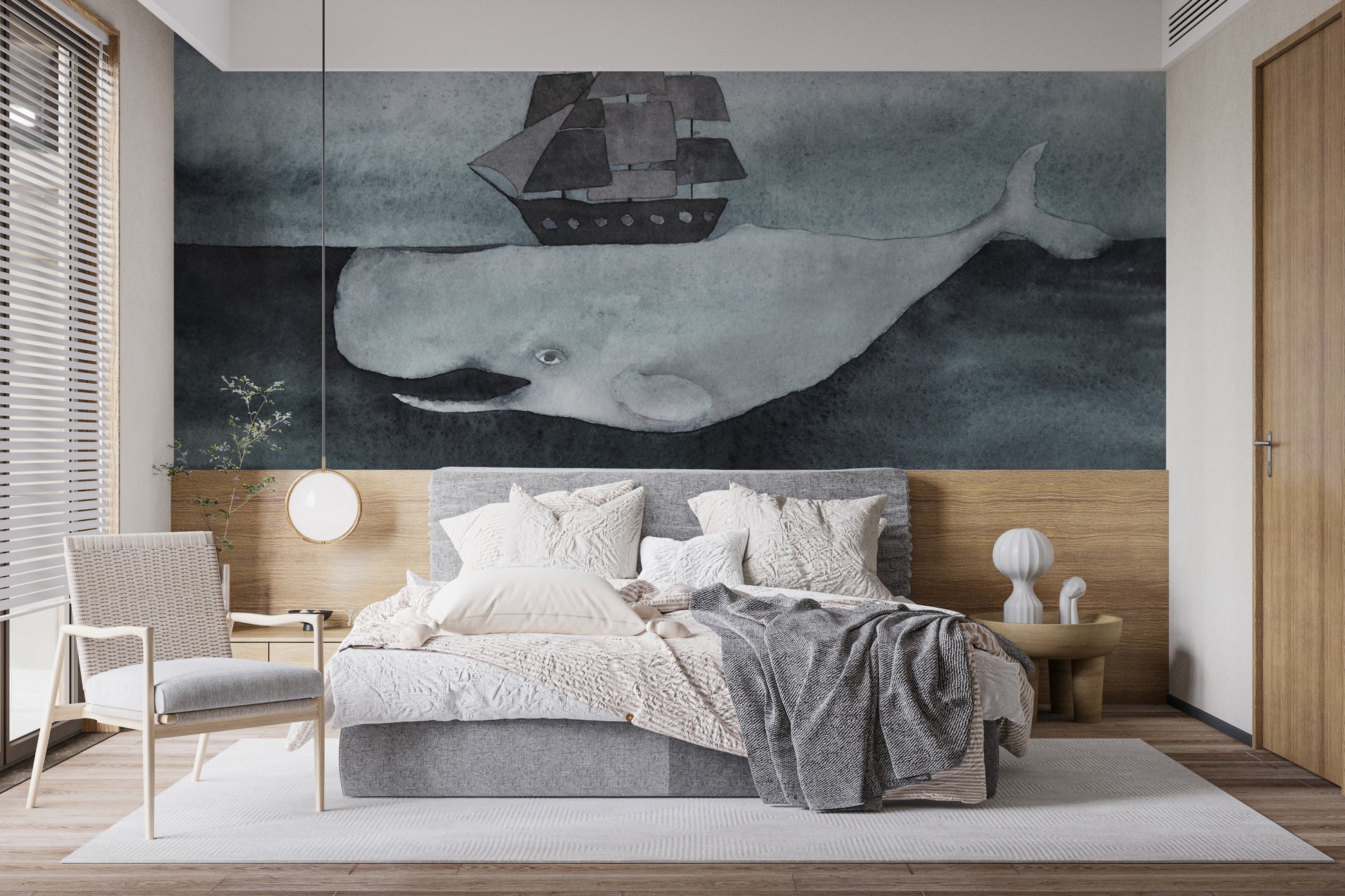 Watercolor whale mural for bold walls
