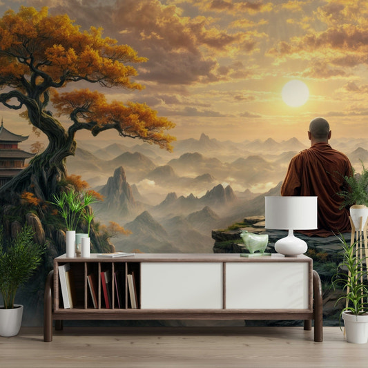 Feature wall mural showing a soft morning horizon in a home office or study area.