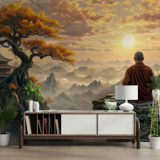 Feature wall mural showing a soft morning horizon in a home office or study area.