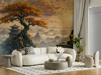 Elegant misty mountain wallpaper in a bedroom featuring linen bedding and soft lighting.