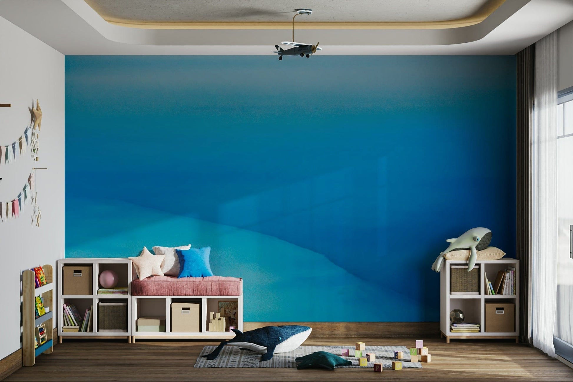 A peaceful coastal scene mural on decorative wallpaper.


