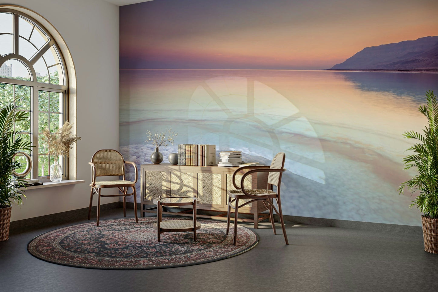 Gentle pastel sunset over the Dead Sea captured in wall mural.

