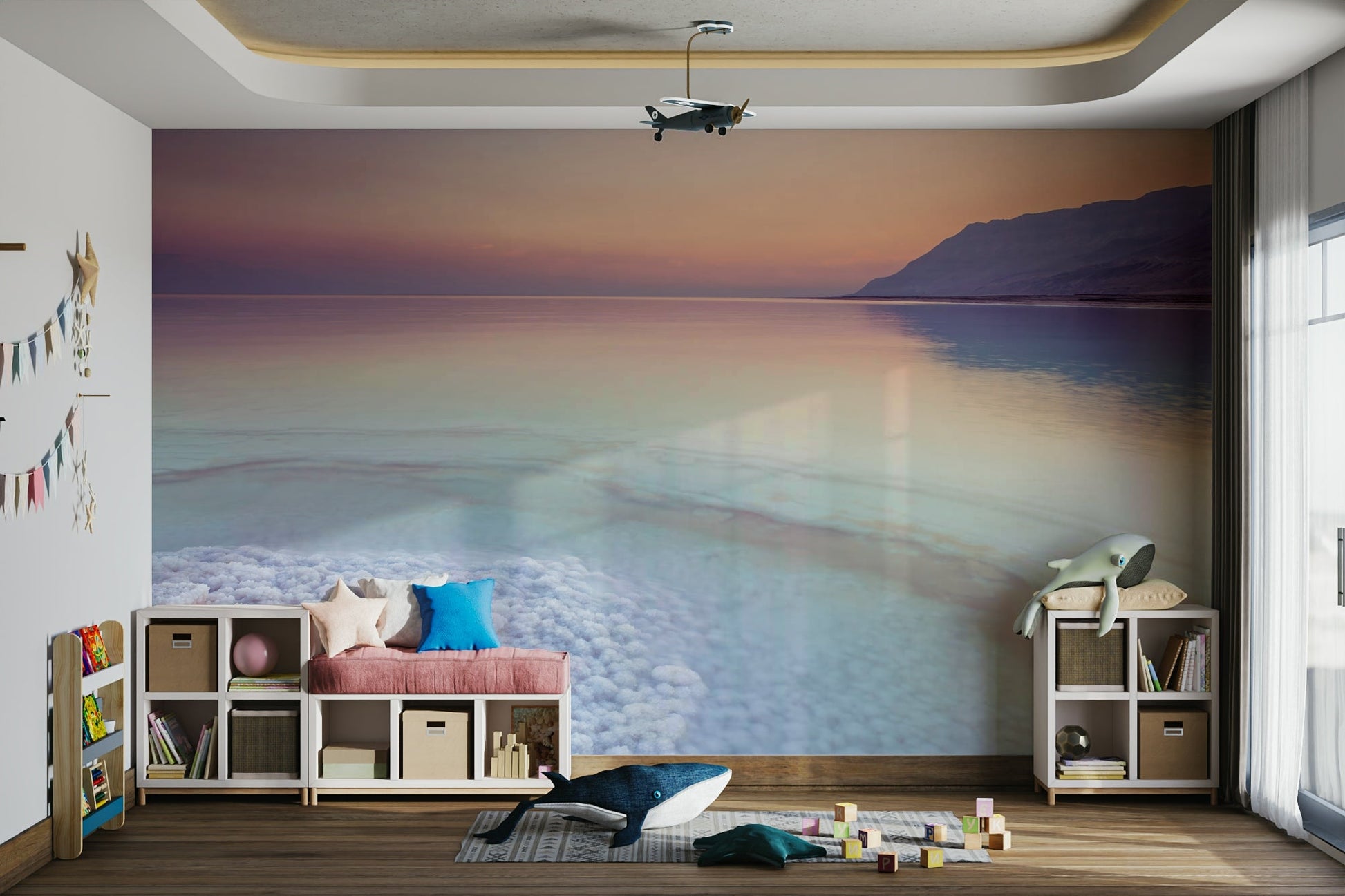 Salt formations and calm waters of the Dead Sea wall mural.

