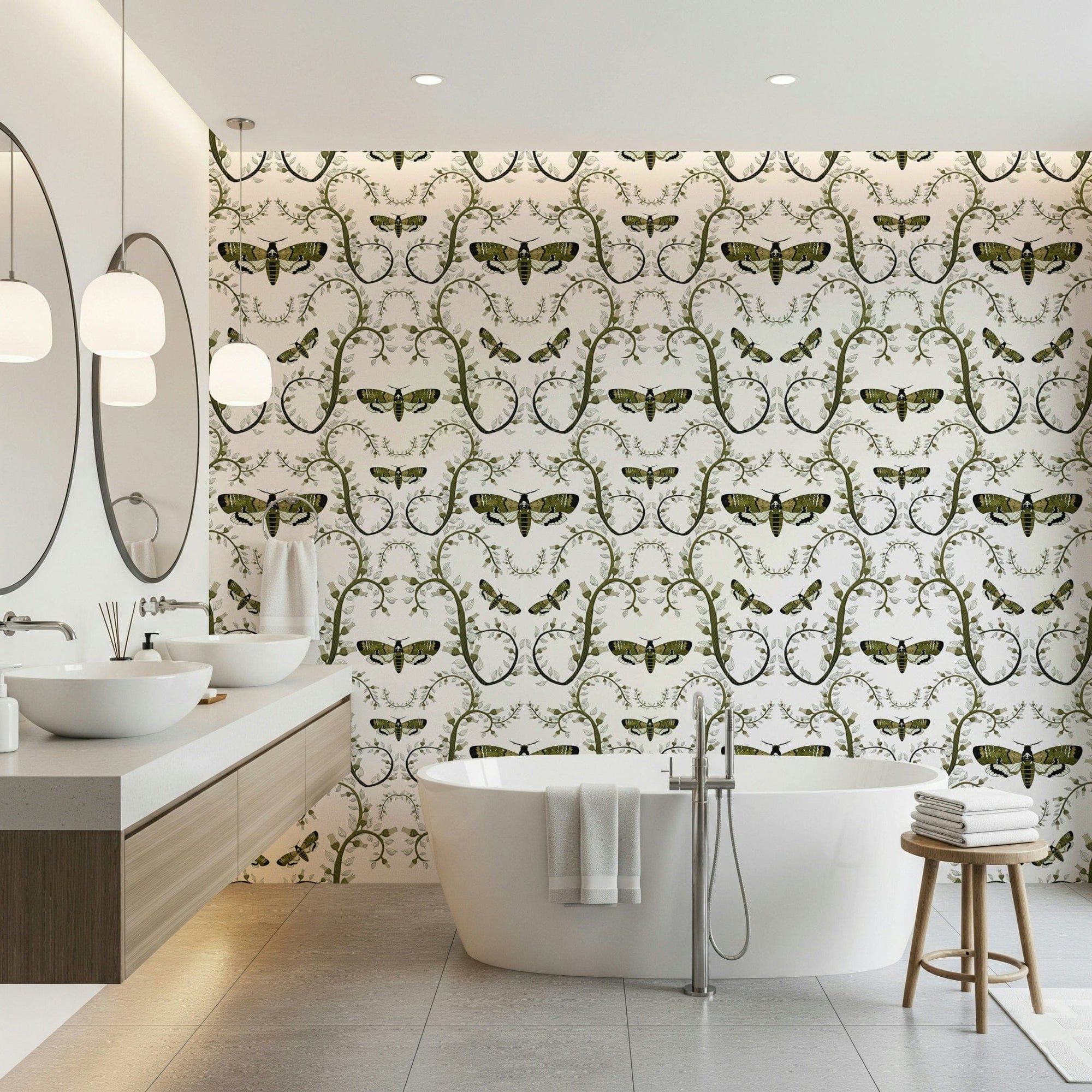 Death's-Head Hawkmoth Garden Wallpaper covers a bathroom in clean botanical pattern.