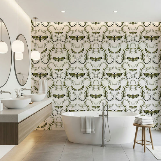 Death's-Head Hawkmoth Garden Wallpaper covers a bathroom in clean botanical pattern.