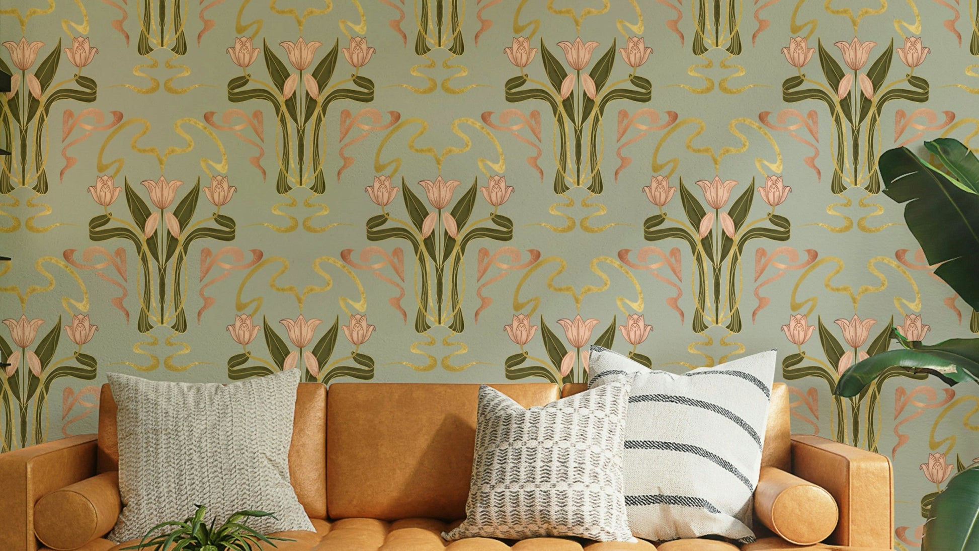 Sage grey deco tulip wallpaper

