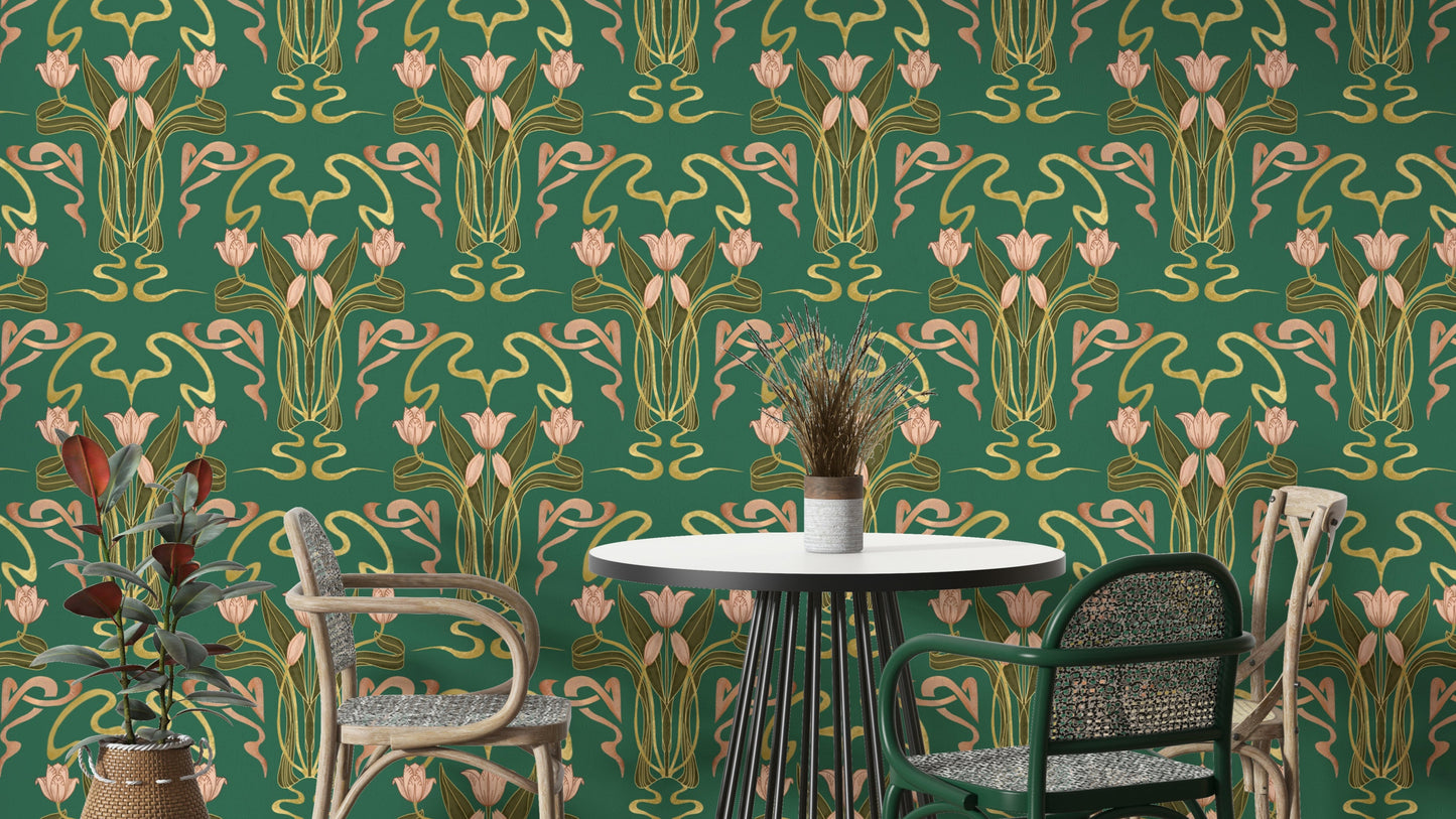 Art deco floral green wallpaper

