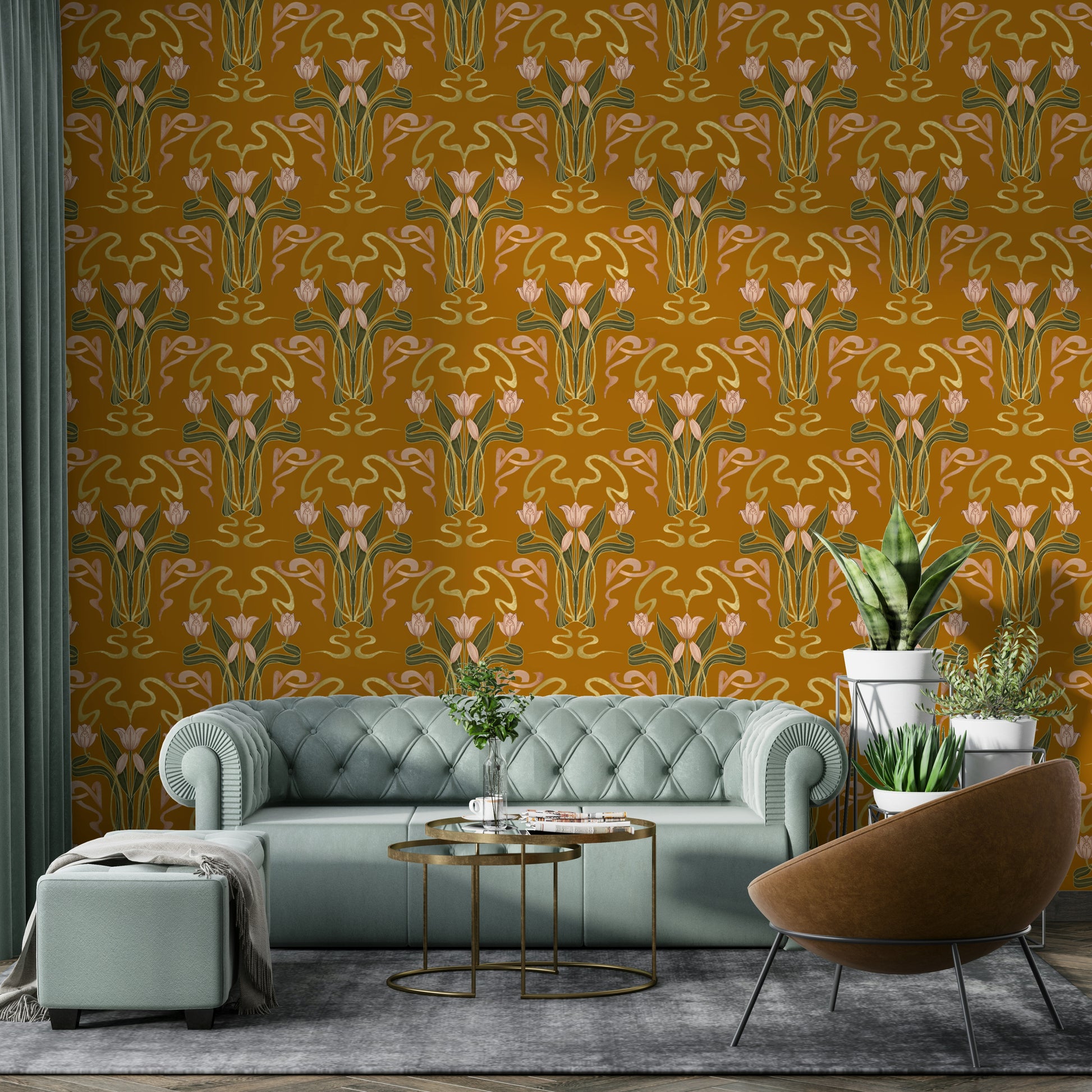Warm ochre floral wallpaper

