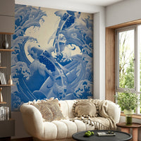 Vibrant azure Deep Blue Koi wall mural captures timeless Japanese artistic flair.
