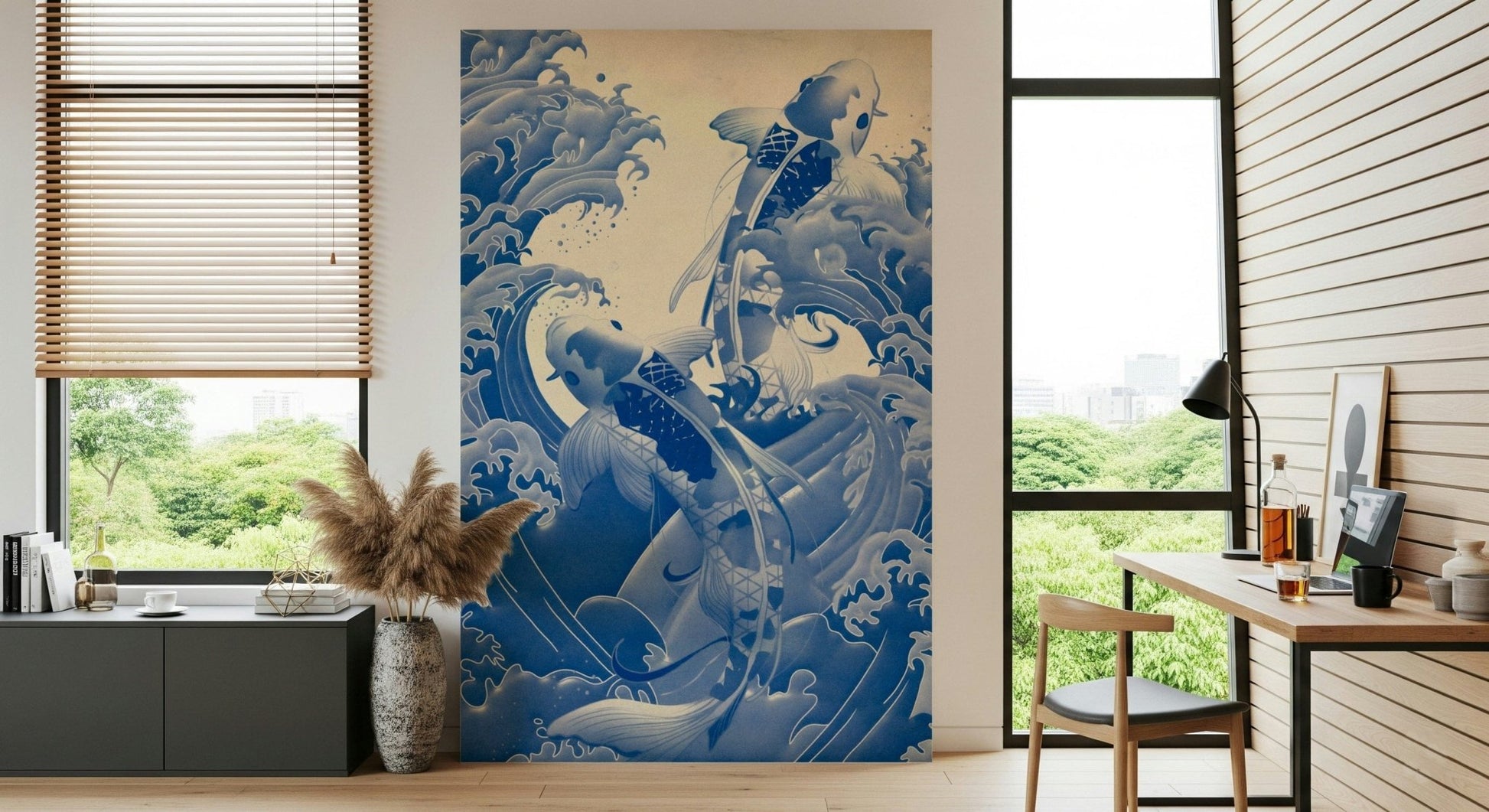 Bold Deep Blue Koi wallpaper adds striking oceanic depth to living spaces.
