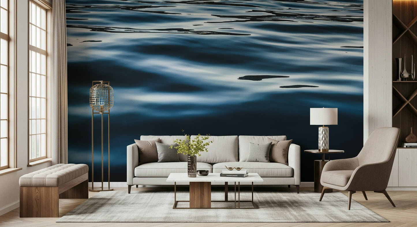 Textured mural with rich deep blue shades creating a serene and relaxing interior ambiance.