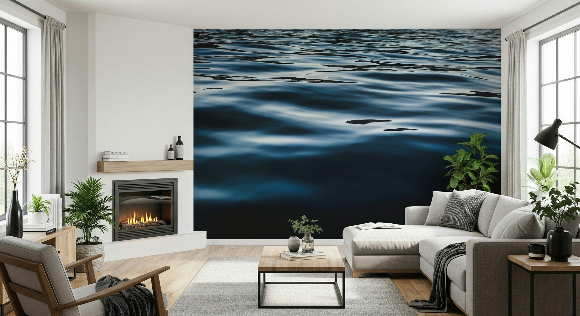 Textured ocean-themed wallpaper mural showcasing deep blue tones for modern, coastal, or nautical décor.