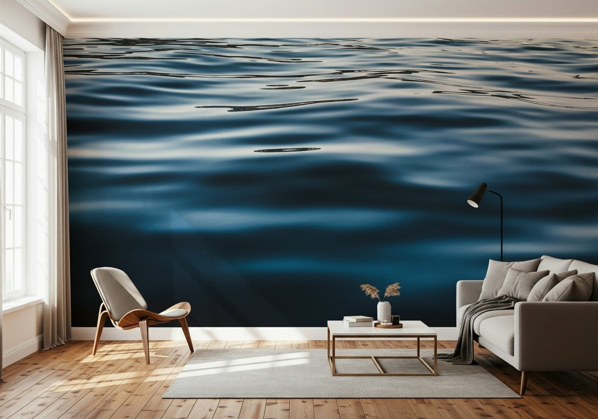 Marine-inspired deep blue water mural adding tranquility and natural beauty to interior spaces.