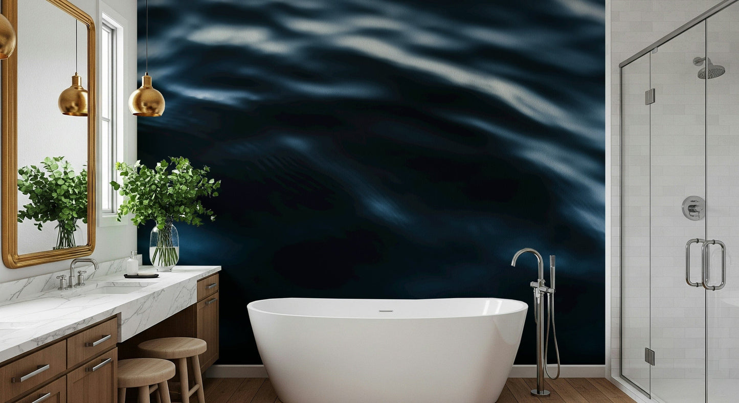 Ocean wave wall mural with rich deep blue gradients and textured water motion.