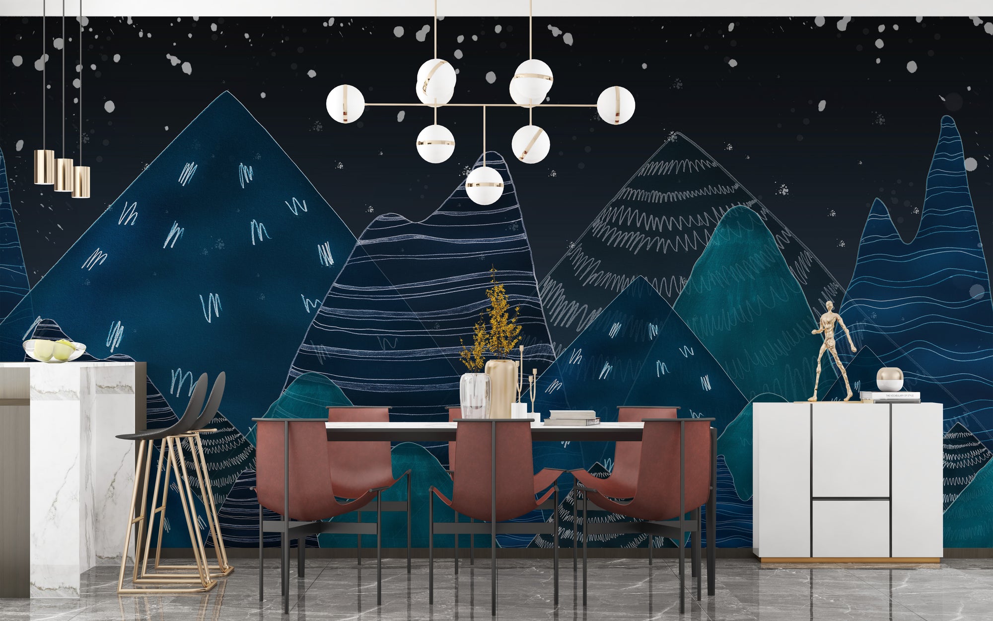 Deep Night Lofty Hills Landscape Kids wallpaper mural shown as a full feature wall that highlights the design