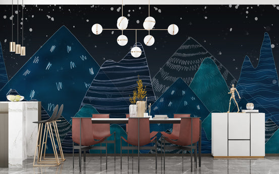 Deep Night Lofty Hills Landscape Kids wallpaper mural shown as a full feature wall that highlights the design