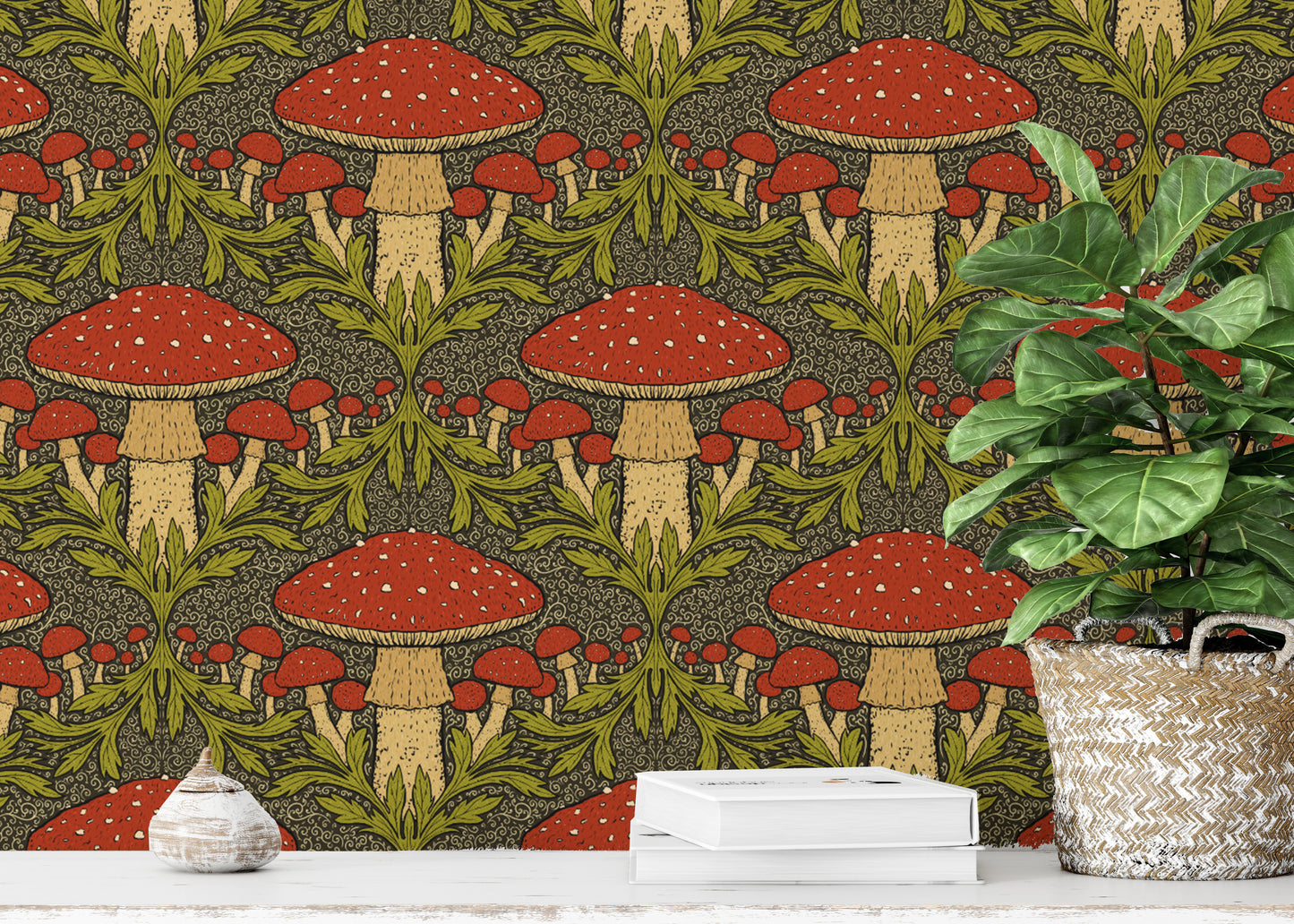 Charming deep red mushroom wallpaper for cozy, rustic spaces.
