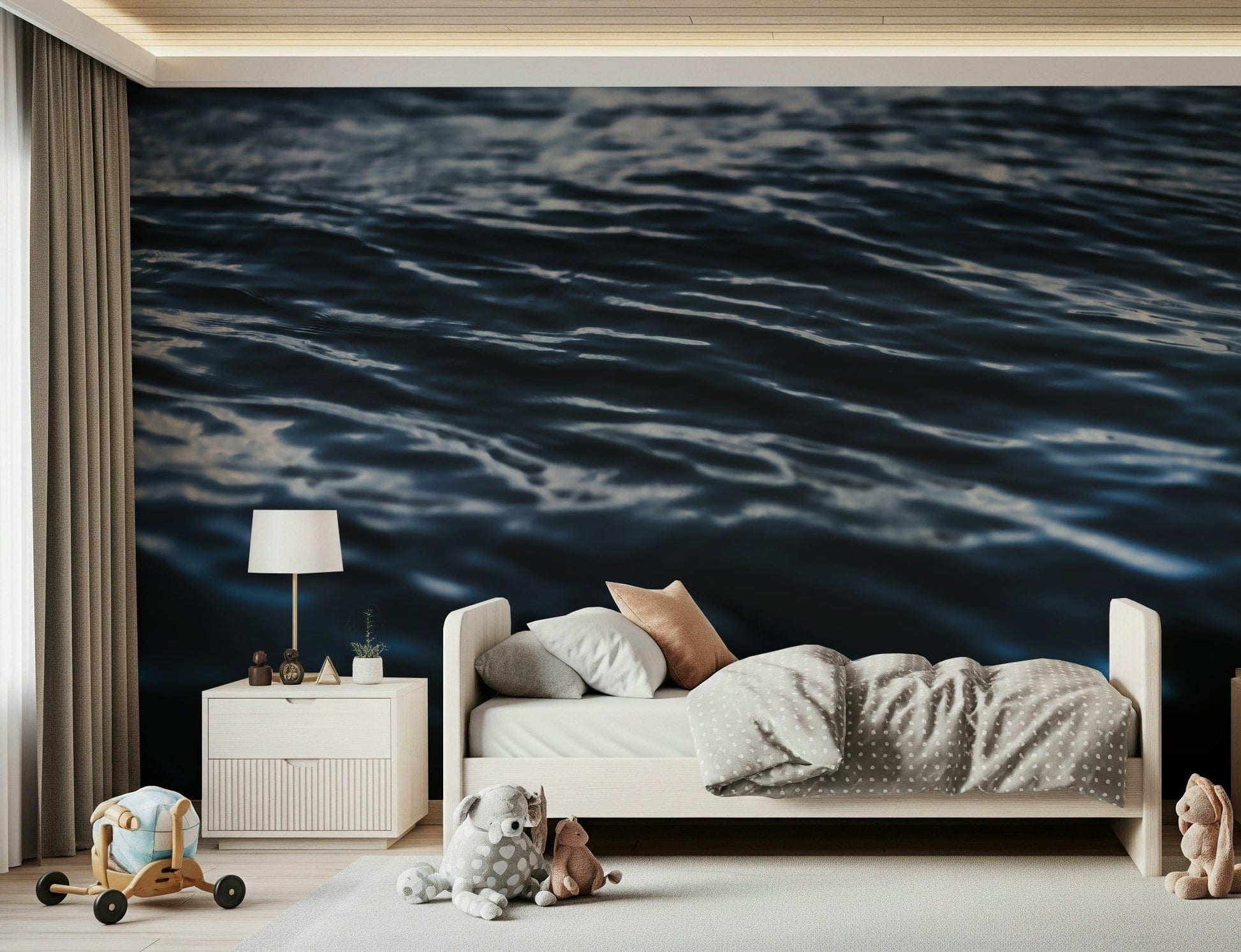 Deep Sea Ripples Wall Mural — flowing water patterns in deep navy and turquoise hues.