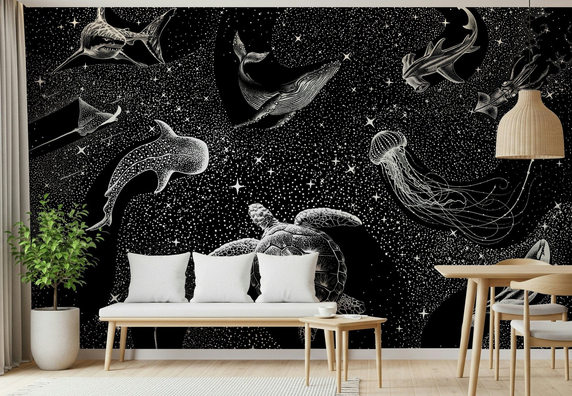 A calming underwater design wallpaper mural that defines a space.