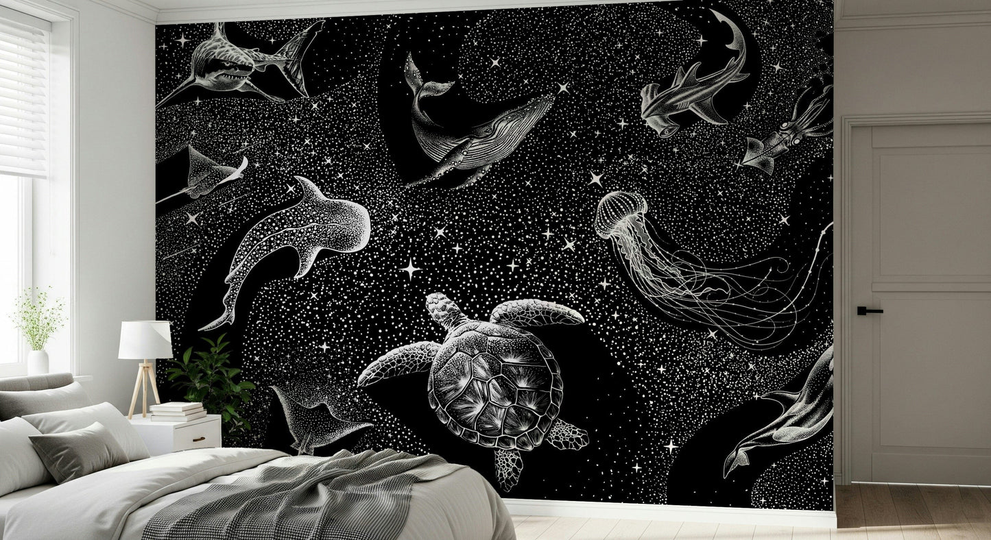 A beautiful modern art wall mural of delicate deep sea life.