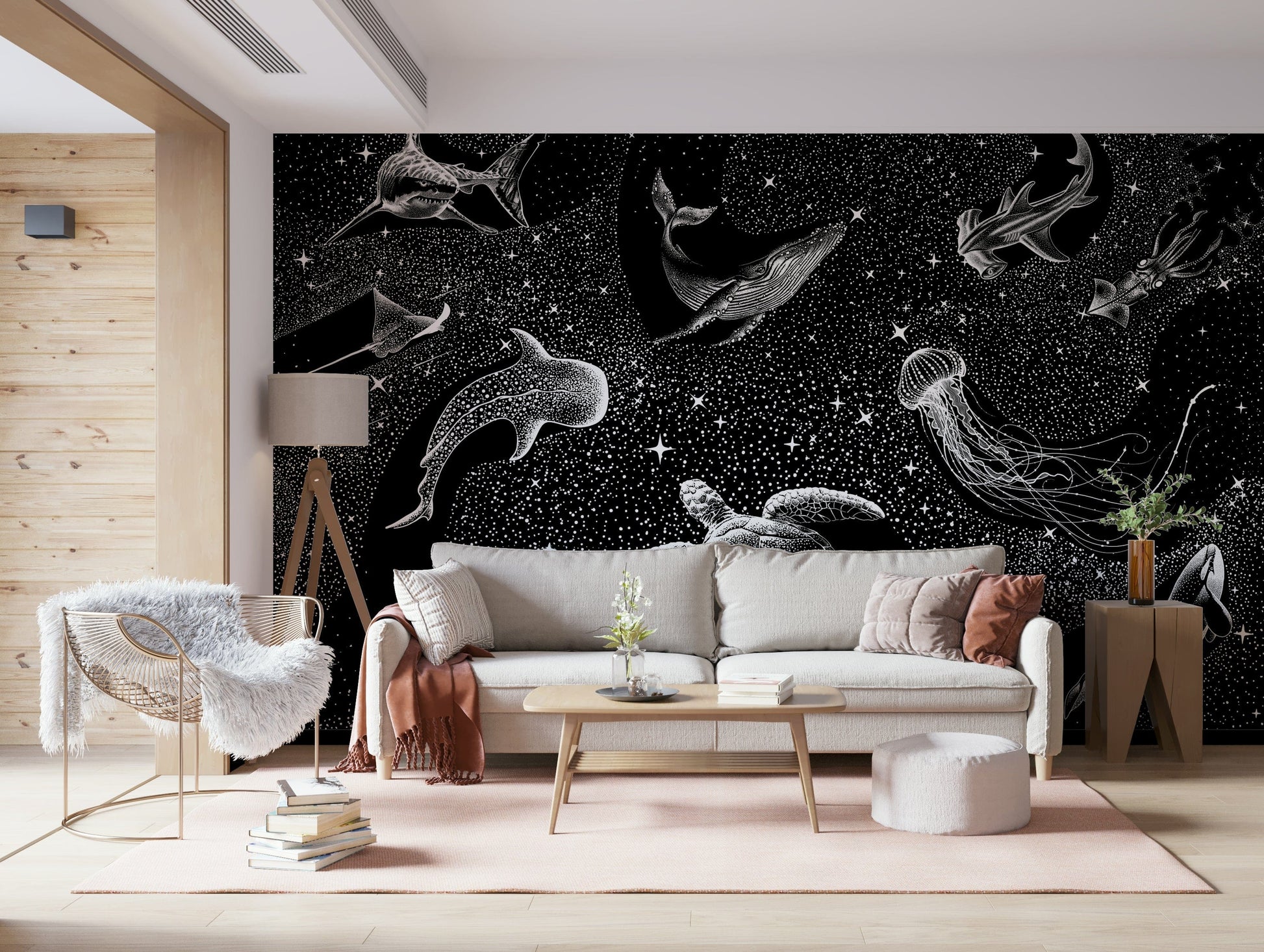 A graceful subtle pattern wall mural in cool, tranquil tones.